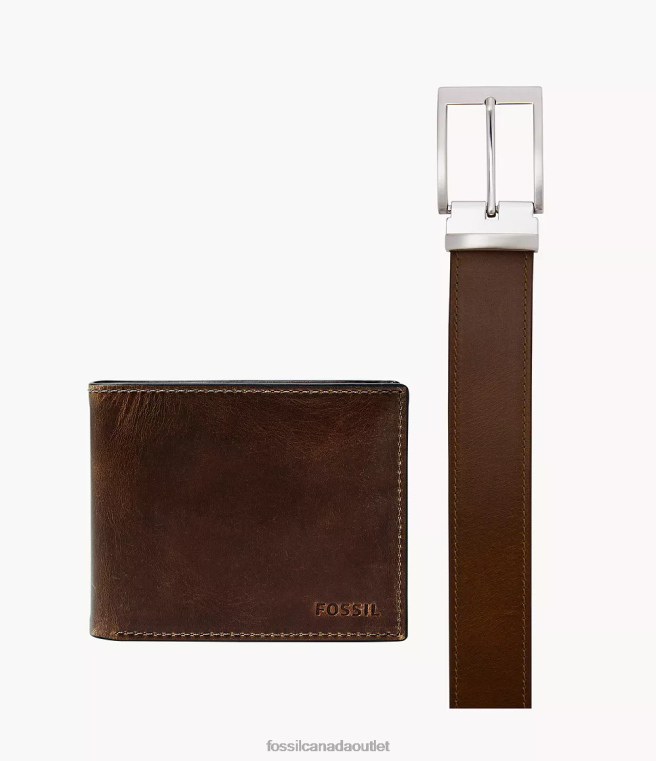 Fossil Accessory Men Brown Derrick Bifold w/ Flip ID and Belt Gift Set D2VPL2027