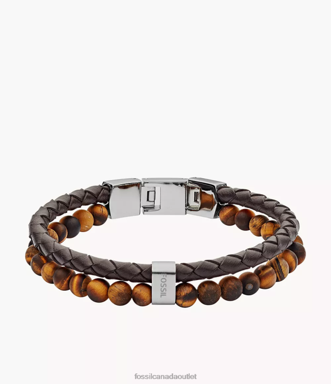 Fossil Jewelry Men Tiger's Eye and Brown Leather Bracelet D2VPL1849