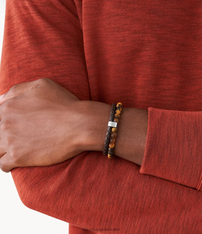 Fossil Jewelry Men Tiger's Eye and Brown Leather Bracelet D2VPL1849