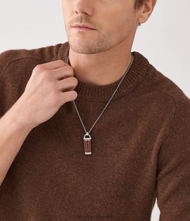 Fossil Jewelry Men Medium Brown Heritage D-Link Stainless Steel Pendant Necklace D2VPL1921