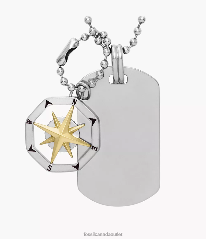 Fossil Jewelry Men Silver-Tone Sutton Compass Stainless Steel Dog Tag Necklace D2VPL1902