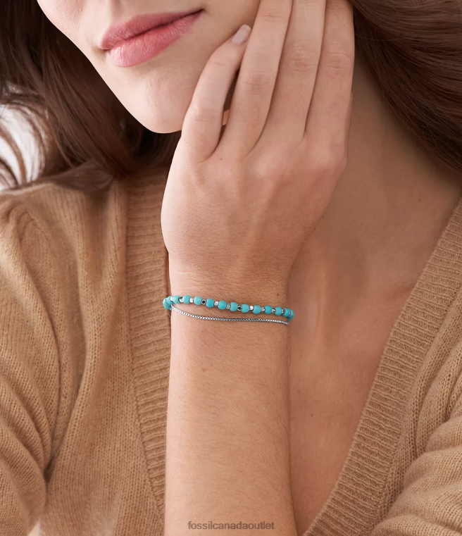 Fossil Jewelry Women Reconstituted Turquoise All Stacked Up Chain Beaded Bracelet D2VPL983