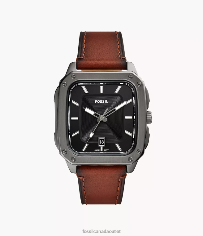 Fossil Watch Men Amber Inscription Three-Hand Date LiteHide Leather Watch D2VPL1411