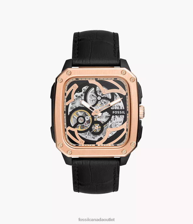Fossil Watch Men Black Inscription Automatic Leather Watch D2VPL1445