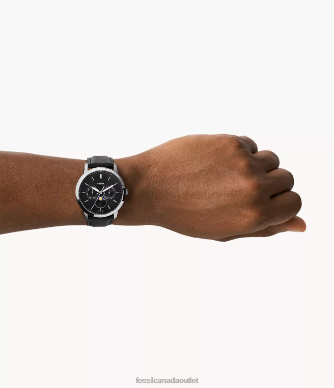 Fossil Watch Men Black Neutra Moonphase Multifunction LiteHide Leather Watch D2VPL1430