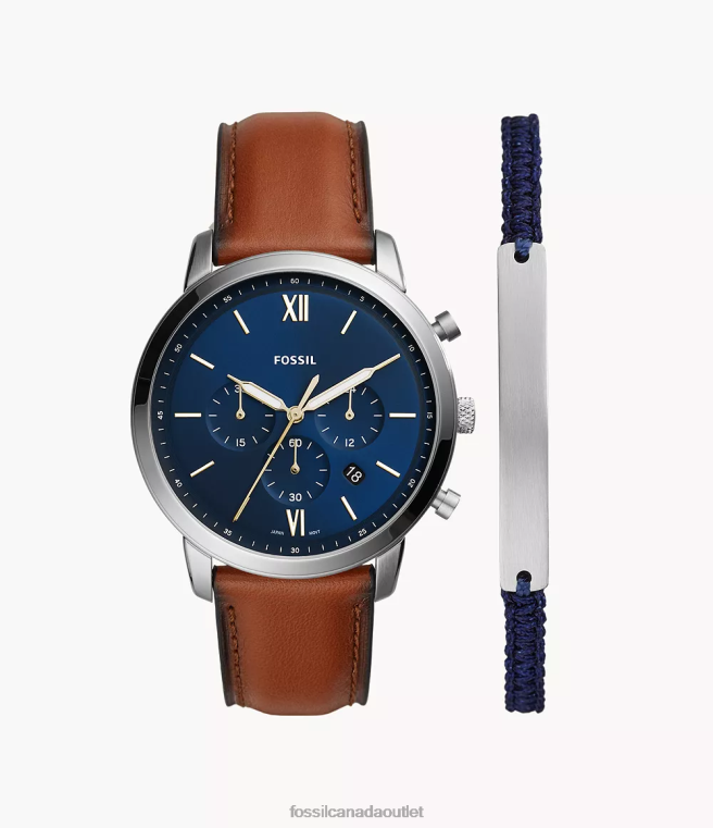 Fossil Watch Men Blue Neutra Chronograph Luggage Leather Watch and Bracelet Set D2VPL1436