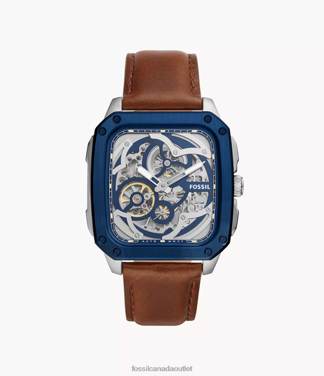 Fossil Watch Men Brown Inscription Automatic Leather Watch D2VPL1428