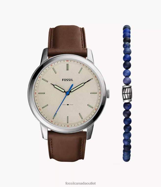 Fossil Watch Men Brown Minimalist Three-Hand Leather Watch and Bracelet Set D2VPL1421