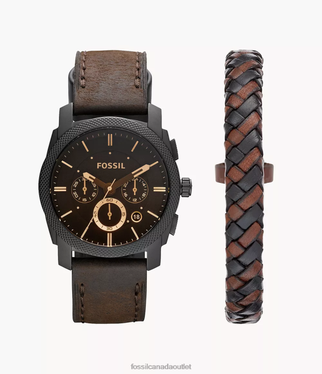 Fossil Watch Men Dark Brown Machine Chronograph Leather Watch and Bracelet Box Set D2VPL1457