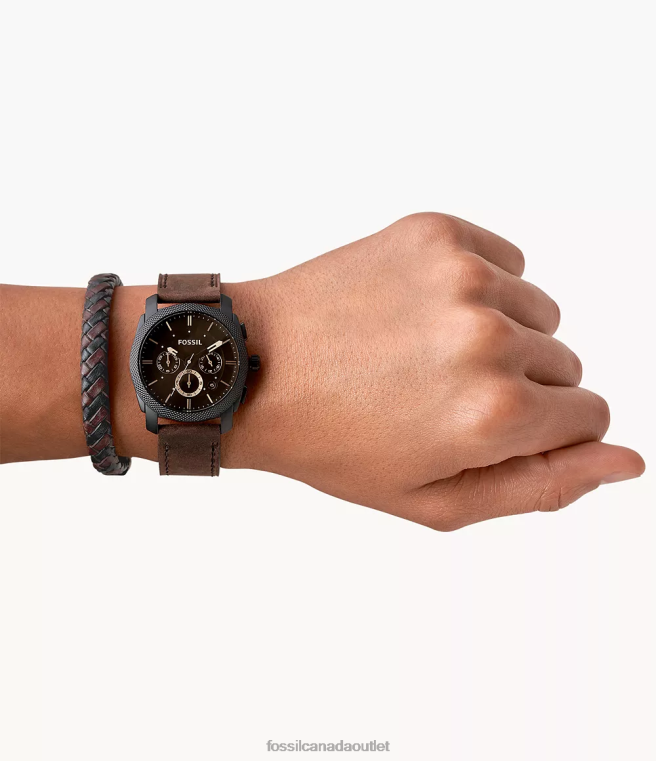Fossil Watch Men Dark Brown Machine Chronograph Leather Watch and Bracelet Box Set D2VPL1457
