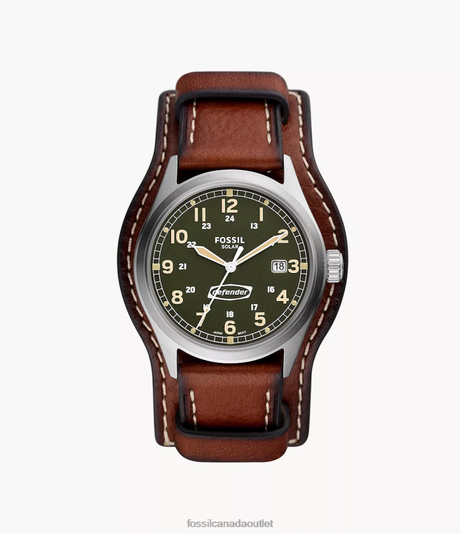 Fossil Watch Men Medium Brown Defender Solar-Powered LiteHide Leather Watch D2VPL1450