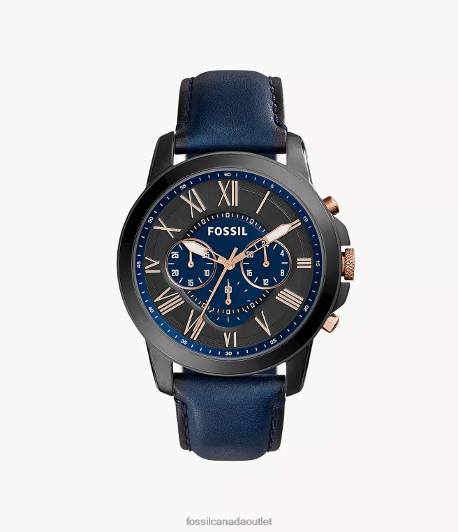 Fossil Watch Men Navy Grant Chronograph Leather Watch D2VPL1461