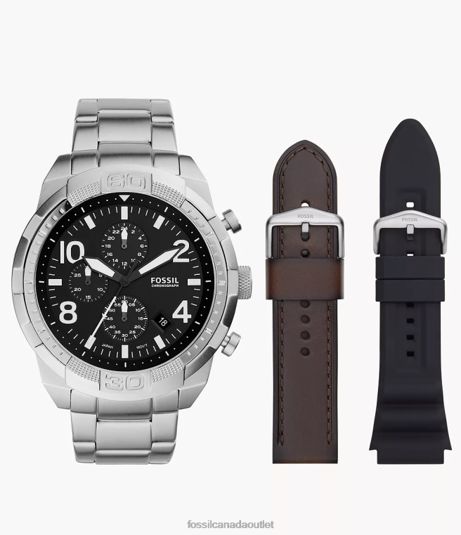 Fossil Watch Men Black Bronson Chronograph Stainless Steel Watch and Interchangeable Strap Set D2VPL1380