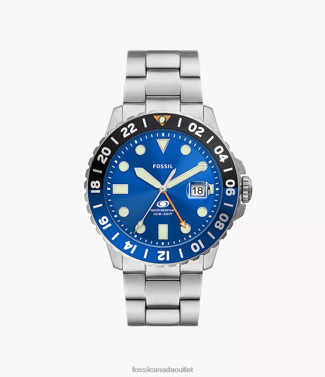 Fossil Watch Men Blue GMT Stainless Steel Watch D2VPL1348