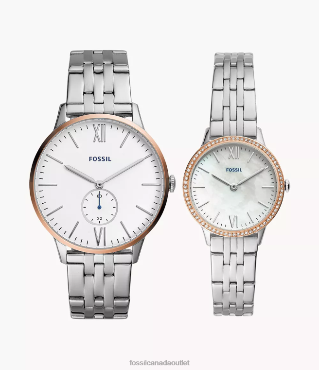 Fossil Watch Men Silver His & Her Three-Hand Stainless Steel Watch Box Set D2VPL1568
