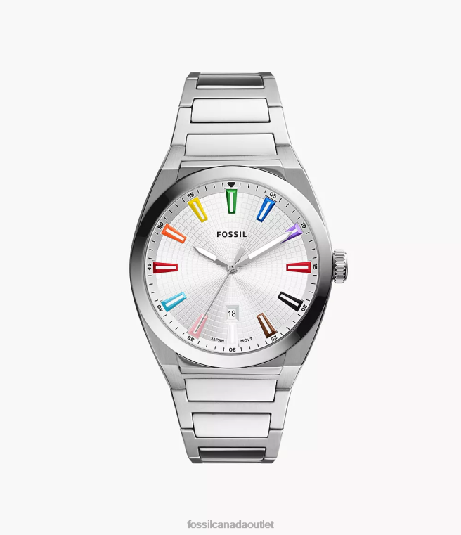 Fossil Watch Men Silver-Tone Pride Three-Hand Date Stainless Steel Watch D2VPL1344