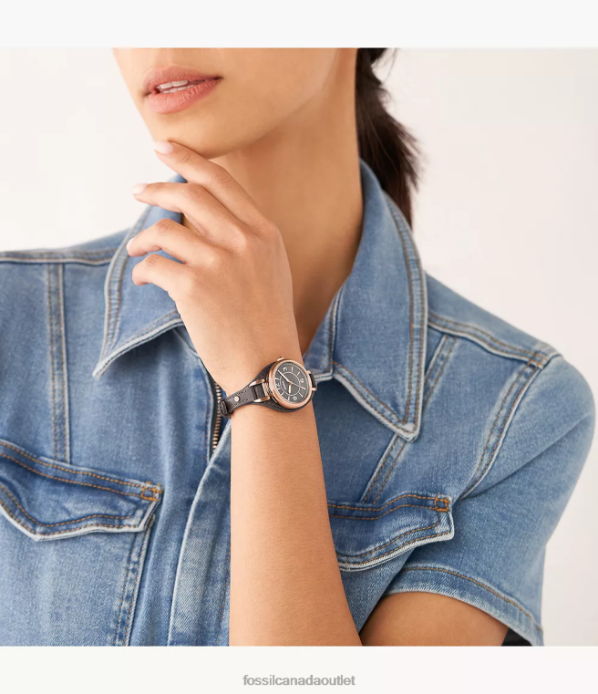 Fossil Watch Women Black Carlie Three-Hand LiteHide Leather Watch D2VPL218