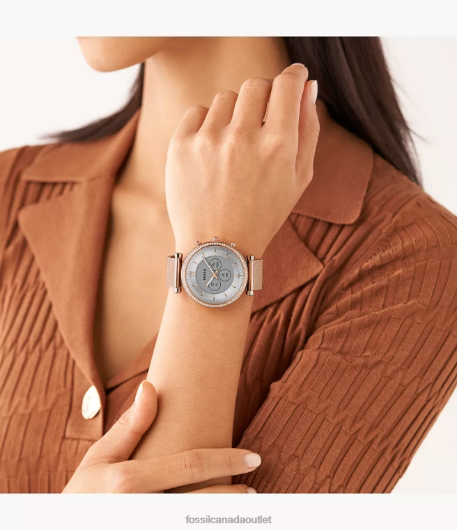 Fossil Watch Women Rose Gold-Tone Carlie Gen 6 Hybrid Smartwatch Stainless Steel Mesh D2VPL13