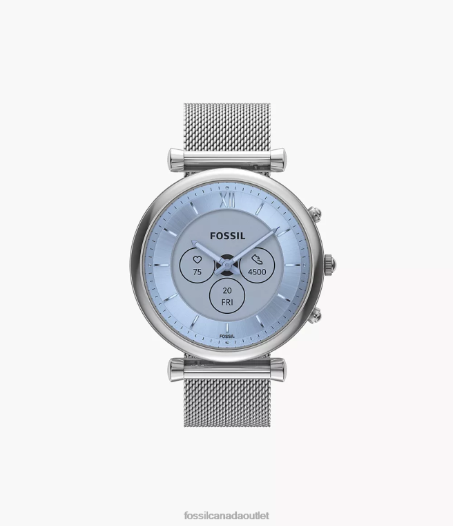 Fossil Watch Women Silver Carlie Gen 6 Hybrid Smartwatch Stainless Steel Mesh D2VPL14